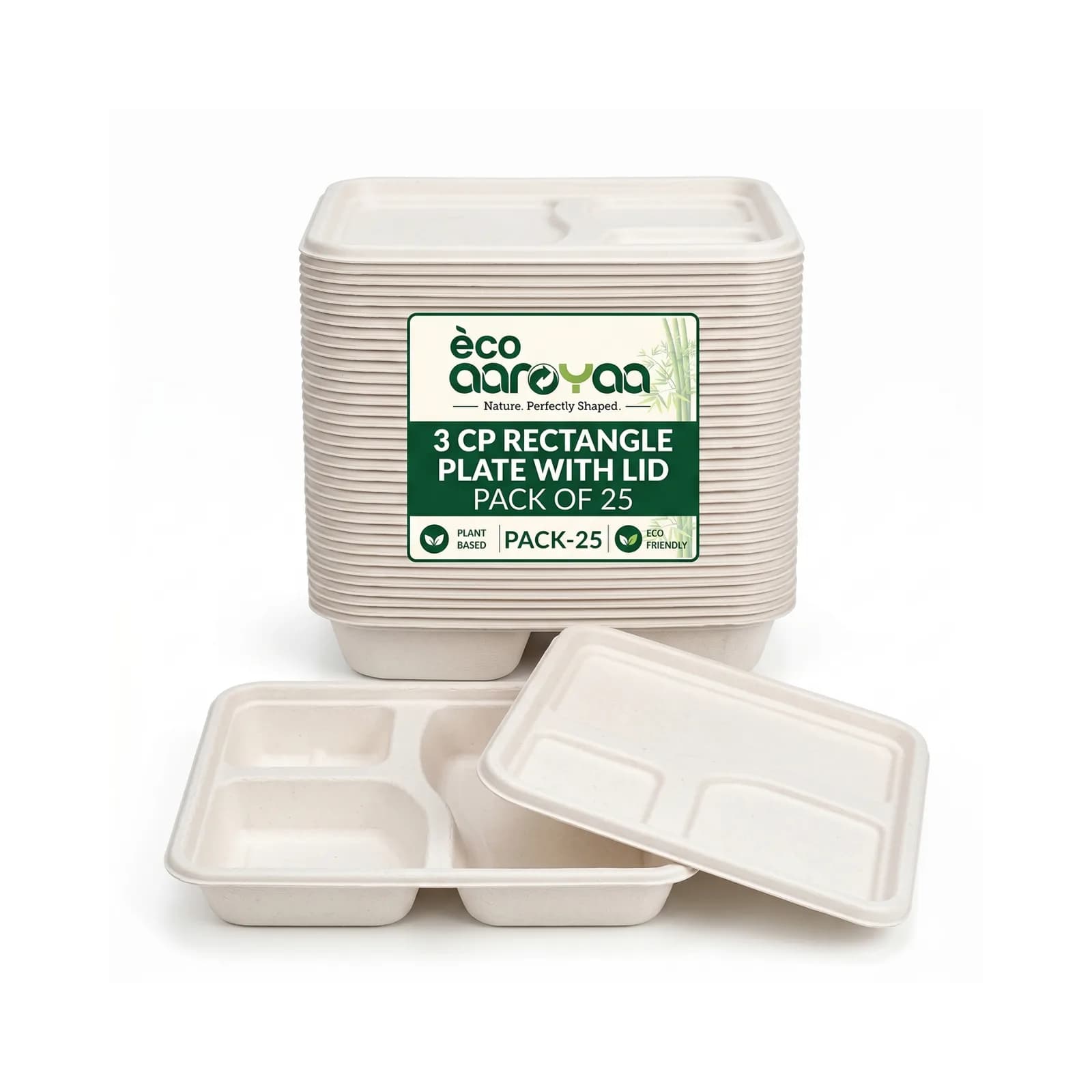 Eco Aaroyaa 3 CP Rectangle Plate with Lid (Pack of 25)
