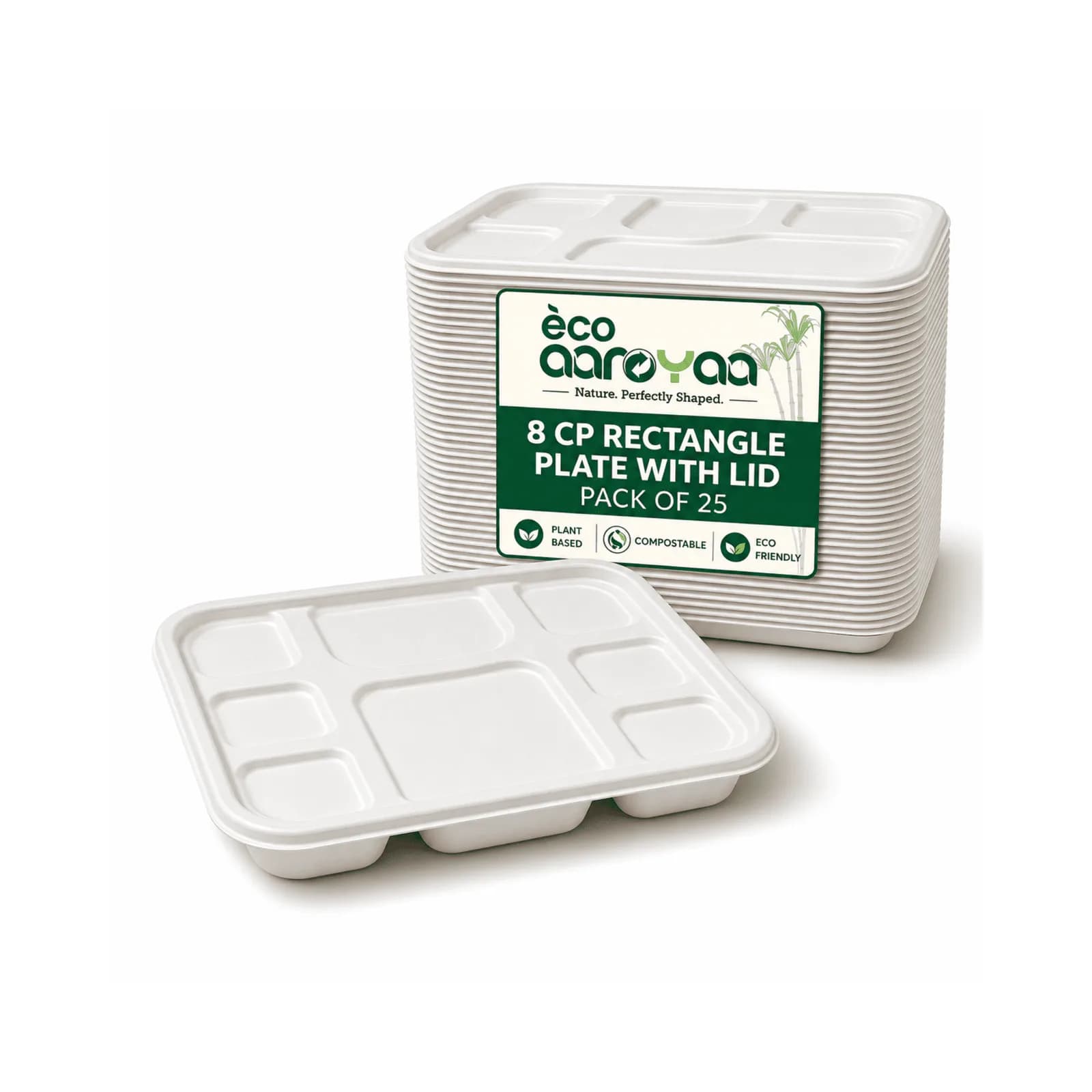 Eco Aaroyaa 8 CP Rectangle Plate with Lid (Pack of 25)