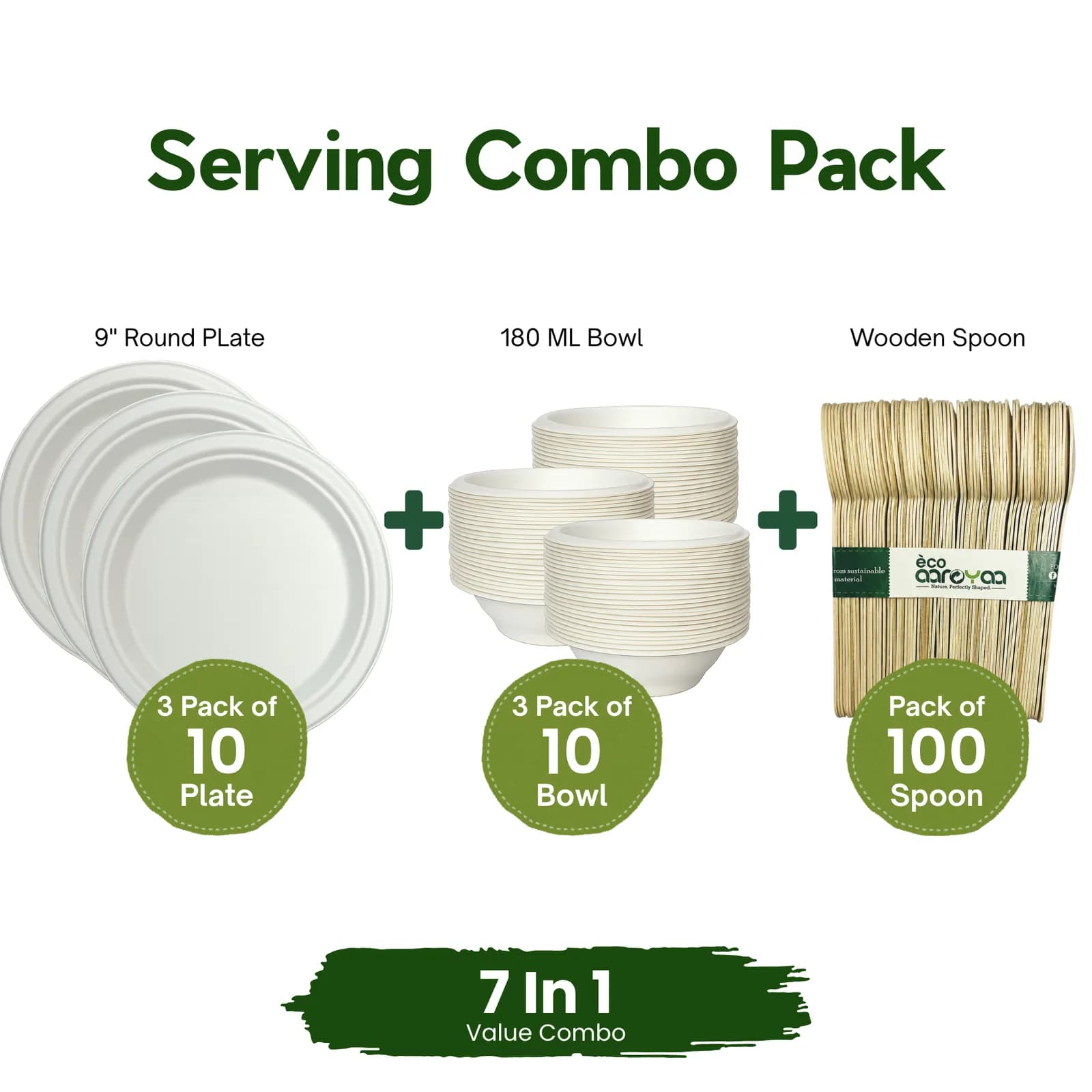 Eco Aaroyaa Serving Combo Pack � 180ml Bowl (3 Pack of 10 PCS) , 9 Inch Round Plate (3 Pack of 10 Pcs) , Wooden Spoon (100 Pcs) Eco-Friendly Combo 1