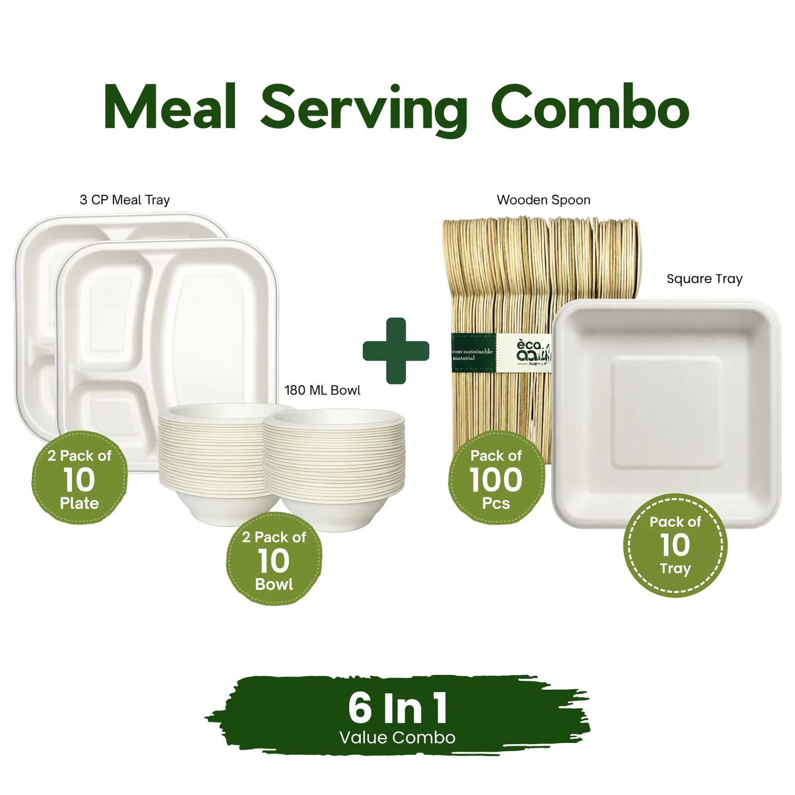 Meal Serving Combo – 180ml Bowl (2 pack of 10 Pcs) , 3 Compartment Meal Tray (2 PACK OF 10 PCS) , Wooden Spoon (100 Pcs) , 7  INCH SQUARE PLATE (PACK OF 10) 1
