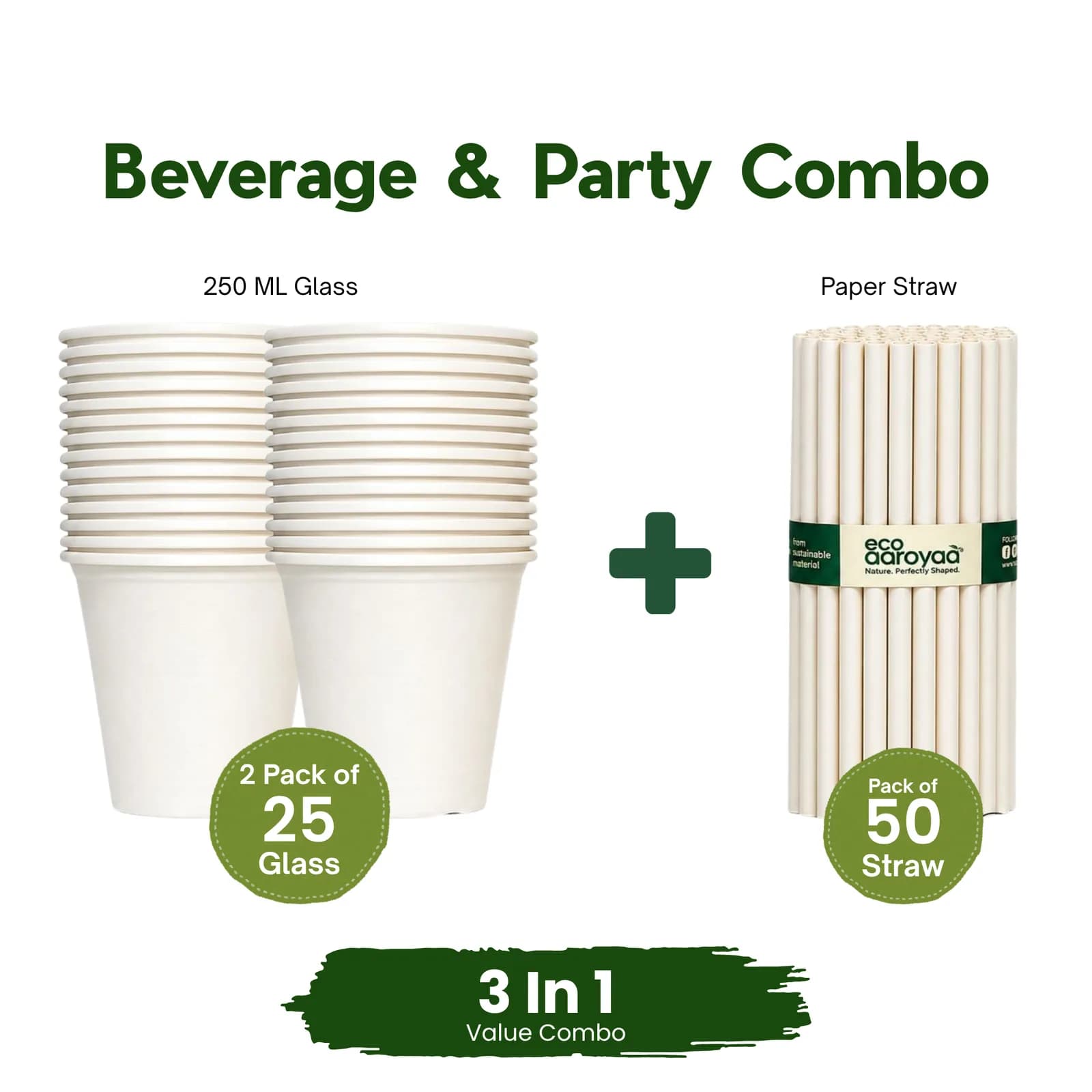 Eco Aaroyaa Party Combo Paper Straw 6mm (50 Pcs) , 250ml Glass (2 Pack of 25 Pcs) 1