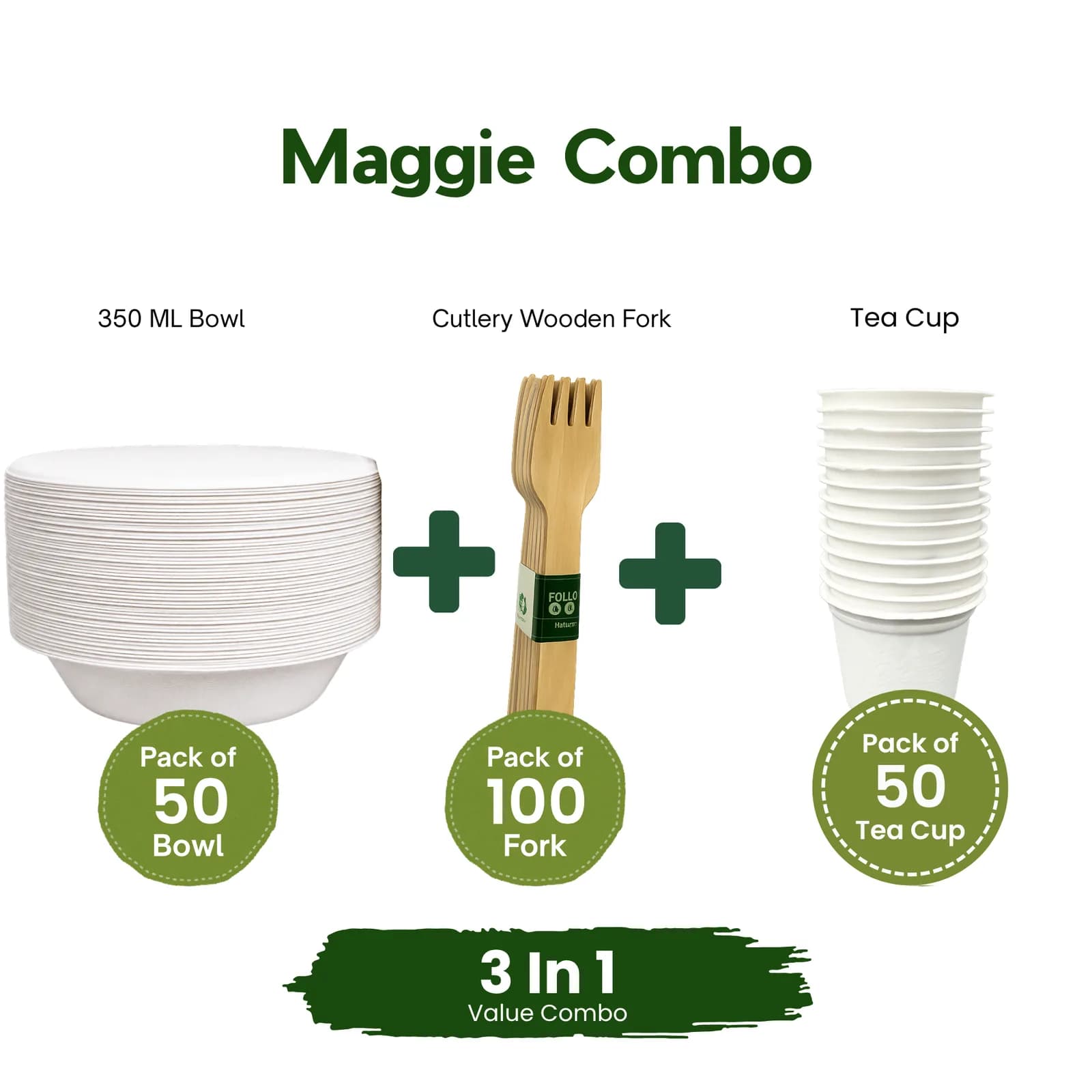 Eco Aaroyaa Chai Maggie Combo - CUTLERY WOODEN FORK (Pack of 100) & 350 ML BOWL (Pack of 50) , Tea Cup (pack of 50) 1