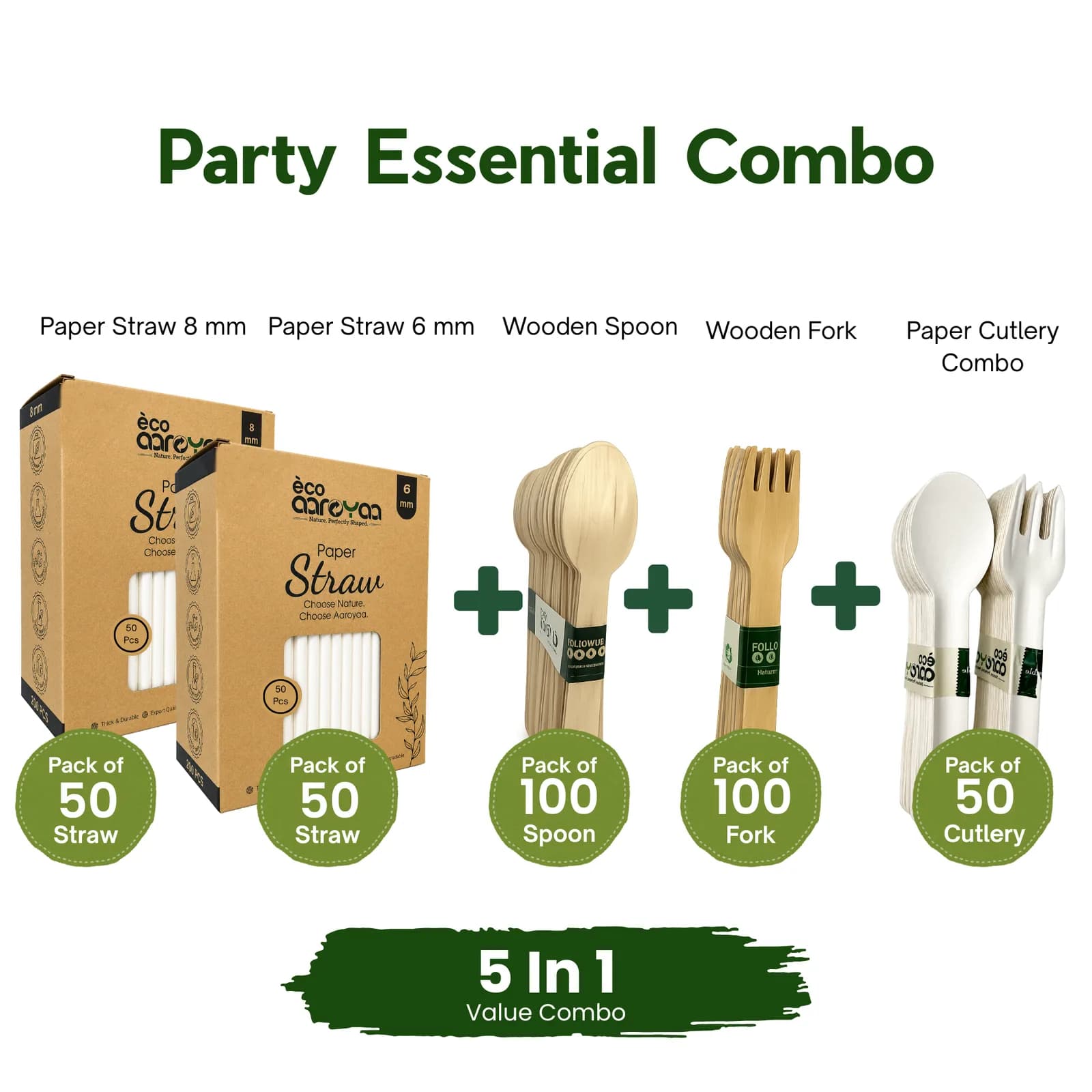Eco Aaroyaa Complete Party Essentials Combo WOODEN SPOON, WOODEN FORK , PAPER STRAW 8 MM , PAPER STRAW 6 MM , paper cutlery combo 1