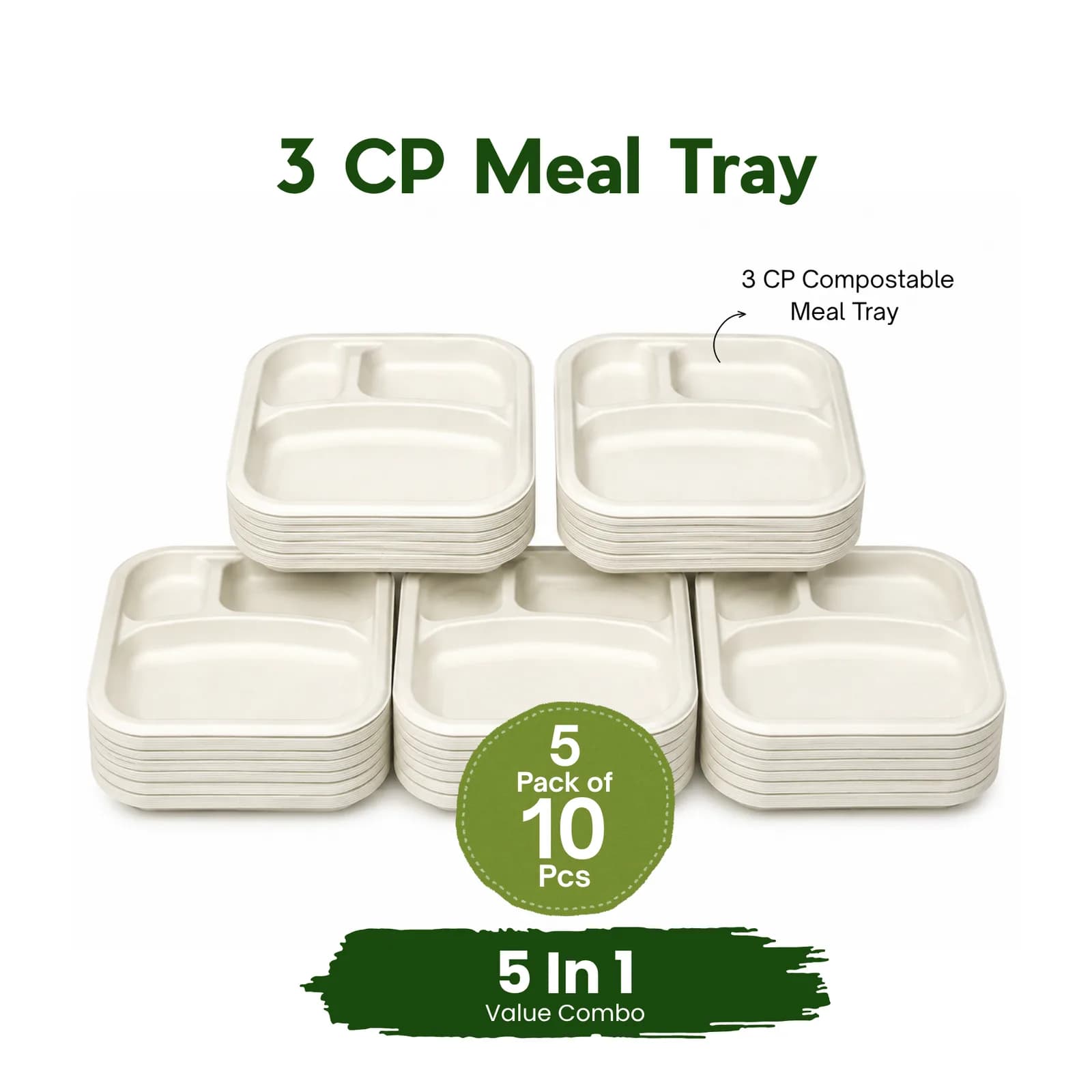Eco Aaroyaa 3 Compartment Meal Trays (5 Pack of 10 PCS) 1